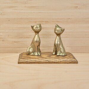 Vintage Brass Cat Figurines Set on Wood Base Mid Century Modern Decor